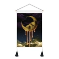 Detail of moon skeleton tapestry with gold moon, stars, wooden hanger and black tassels - 35x50cm / Golden Gothic Skull Moon