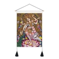 Wandteppich mit Göttin Saraswati, Pfau, Schwan und Lotus an Holzstange mit schwarzen Quasten - 35x50cm / Stil 1 (Pfau-Göttin)