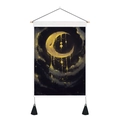 Detail of moon tapestry featuring golden crescent moon, starry sky, and black tassels - 35x50cm / Golden Crescent Moon Jewelry