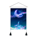 Detail of moon tapestry with mystical purple moon, starry night sky and glowing stag - 35x50cm / Deer Under Purple Moon