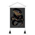 Detail of floral moon phase snake tapestry featuring wood hanger and black tassels - Standard / Dark Rose and Snake