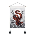 Detail of red snake and pencils on wall tapestry with wooden rod and black tassels - Standard / Red Python and Pencils