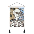 Détail d'une tapisserie tête de mort avec tournesols et glands noirs sur barre en bois - 35x50cm / Style Crâne Tournesol Bleu Clair (Style 3)