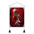 Détail de tapisserie d'art sombre avec squelette, racines rouges, tige en bois et pompons noirs - 35x50cm / Style Squelette Vintage Rouge et Noir (Style 4)