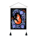 Detail of fox and flower tapestry with black tassels and wooden hanging rod - 35x50cm / Orange Fox Style (Style 2)