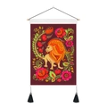 Detail of tiger floral wall scroll tapestry with ethnic patterns and wooden hanging rod - 35x50cm / Golden Lion Style (Style 4)