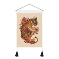 Close-up of tiger floral tapestry featuring wooden hanging rod and black tassel accents - Colorful Tiger Style (Style 5)