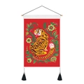 Detailed view of tiger and floral tapestry with wooden hanging rod and black tassels - Coiled Tiger Style (Style 6)