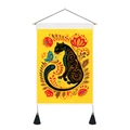 Detail of artistic black panther tapestry featuring floral patterns and wooden hanging pole - Black Panther Floral Style (Style 7)