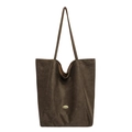 Brown suede tote bag for women featuring a minimalist handmade gold metal plaque detail - Brown