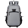 Front view of grey large capacity travel backpack with orange stitching and D-rings - Gray