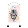 Arazzo Mano di Fatima con occhio e luna, asta in legno e decorazione con frange nere - 35x50cm / Floreale Rosa (Stile-2)