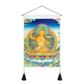 Detail of Tibetan Thangka wall hanging with Buddha art, wooden scrolls and black tassels - 35x50cm / Manjushri (Style 3)