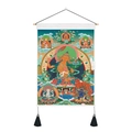 Buddhist Thangka wall hanging with Manjushri Bodhisattva, wooden rod and black tassels - 35x50cm / Five Dhyani Buddhas (Style 4)