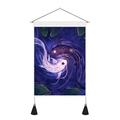 Detail of Yin Yang koi fish wall tapestry with wooden bar, tassels, and blue water art - 35x50cm / Koi and Lotus Tai Chi (Style 5)