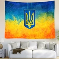 Ukraine flag tapestry with trident emblem hanging over a sofa in a modern living room decor - Vintage Texture Trident (Style 6) / 200x150cm