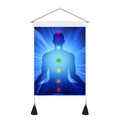 Detail van meditatie wandkleed met zeven chakra-silhouetten en zwarte decoratieve kwastjes - Stijl 4 / 35x50cm
