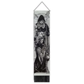 Vertical black and white warrior illustration tapestry with wooden bar and tassels - 32.5x130cm / Anime Hooded Warrior Woman (Style 2)