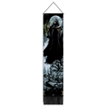 Detailed view of fantasy tapestry featuring hooded figure, castle silhouette and black fringe - 32.5x130cm / Mysterious Hooded Black Robe (Style 4)