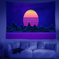 Neon synthwave forest tapestry hanging over a sofa with purple fluorescent lighting - Cyberpunk Sunset Mountains
