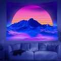 Fluorescent UV psychedelic mandala tapestry with synthwave retro sunset over living room sofa - Synthwave Virtual Mountains & Stars