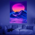 Vibrant UV reactive mandala tapestry showing neon sun and grid mountains on living room wall - Vaporwave Neon Sun & Grids
