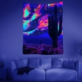 Detail of UV reactive tapestry showing neon psychedelic desert cactus and starry night sky - Psychedelic Desert Night & Cactus