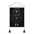 Detail of wall tapestry with golden lion head art and tassels on black background - 35x50cm / Lion Head Astrology Style