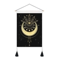 Macro shot of boho tapestry featuring golden crescent moon and eye on black canvas fabric - 35x50cm / Eye of Providence Astrology Style