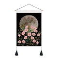 Detail of bohemian tapestry showing moonlit flowers with black tassels and wood rod - 35x50cm / Floral Moon Night (Style 3)