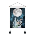 Detail of bohemian moonlit tapestry with soft desert plants and black tassels - 35x50cm / Cactus Moon Night (Style 7)
