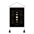 Detail of bohemian moon phase tapestry with black fabric and wooden hanging rod - 35x50cm / Green Brown Plant Moon Phase (Style 11)