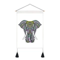 Close-up of bohemian colorful elephant mandala tapestry with wooden rod and black tassels - 35x50cm