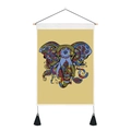Detailed view of colorful elephant canvas tapestry with wood hanging rod and black tassels - 35x50cm