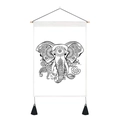 Detail of bohemian elephant wall hanging with wooden rod, black tassels and mandala patterns - 35x50cm / Black White Line Art Mandala Elephant (Style 11)