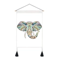 Detail of colorful elephant tapestry with bohemian geometric patterns and black tassels - 35x50cm