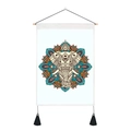 Detail of bohemian mandala elephant wall tapestry with wooden rod and black tassels - 35x50cm