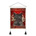 Detail of vintage cat tapestry with wooden hanger, tassels, and artistic cotton fabric - 35x50cm