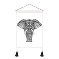 Detail of elephant mandala tapestry showing black tassels and wooden hanging rod - 35x50cm