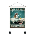 Macro detail of cat mermaid tapestry featuring black tassels and wooden hanging scroll - 35x50cm / Cat Mermaid Bath (Style 2)