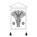 Detail of bohemian elephant mandala tapestry with wooden hanging rod and black tassels - 35x50cm