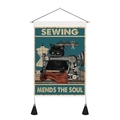 Detail of vintage cat sewing tapestry with cotton linen texture and black tassels - 35x50cm / Black Cat Sewing Machine (Style 6)