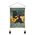 Detail of vintage canvas tapestry featuring a cat playing guitar with tassels - 35x50cm / Black Cat Playing Guitar (Style 7)