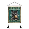 Nordic wall hanging decor featuring a vintage tattoo cat illustration on cotton linen - 35x50cm / Dragon Tattoo Black Cat Drink (Style 9)