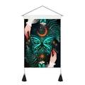 Artistic butterfly and mushroom mushroom tapestry with wooden hanging rod and black tassels - 35x50cm / Green Moth Moon Star Pattern (Style-4)