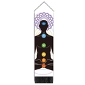 Detailed view of meditation tapestry featuring 7 colorful chakras and black fringe accents - Sitting Chakra Black Style (Style-1) / 32.5*130cm