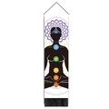Detailed shot of chakra wall tapestry with meditation silhouette and black fringe tassels - Standing Chakra Black Style (Style-2) / 32.5*130cm