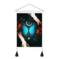 Detail of artistic tapestry with blue butterfly pattern, wooden pole, and black tassels - 35x50cm / Blue Butterfly Moon Hand Pattern (Style-3)