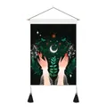 Detail view of butterfly and mushroom wall tapestry with wooden rod and black tassels - 35x50cm / Dark Moon Hand Butterfly Pattern (Style-1)