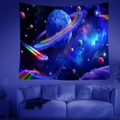 Detailed view of cosmic tapestry with neon planets and spaceship under UV light glow - Brushed Fabric / 95x73cm / Rainbow Spaceship Space Style (款式8)